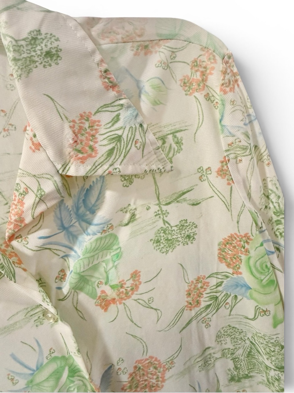 True 70s Vintage Floral Oversized Pointed Collar Polyester Long Sleeve Blouse - Picture 6 of 8